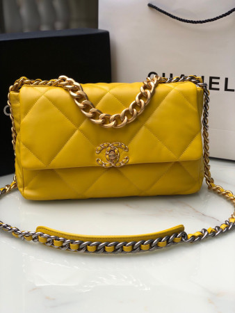 Ch*el 19 large handbag shiny leather, gold-tone, silver-tone & ruthenium-finish metal yellow 7.8 × 11.7 × 3.9 in