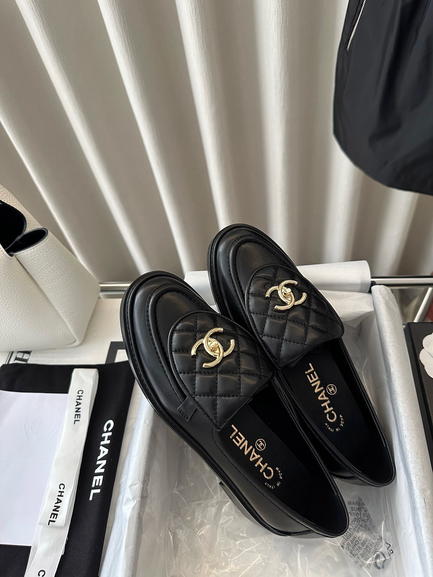 Ch*el quilted tab loafers  black leather