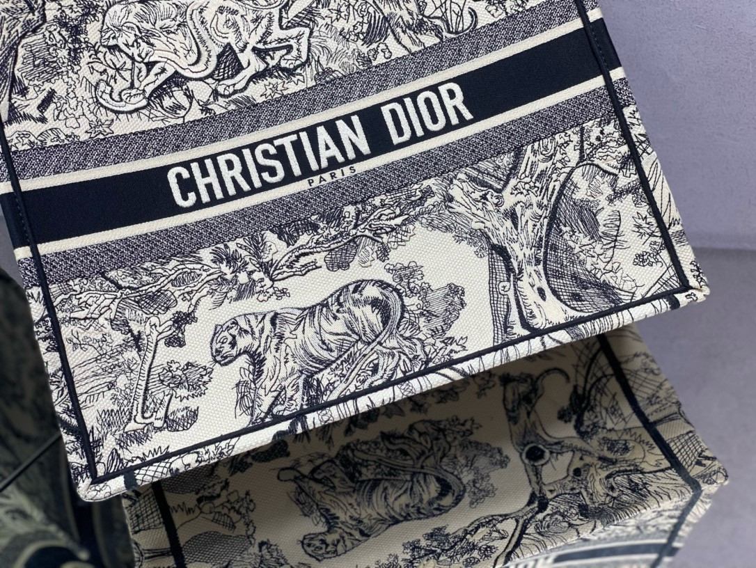 large D*or book tote ecru and blue toile de jouy embroidery 16.5 x 14 x 7.5 inches