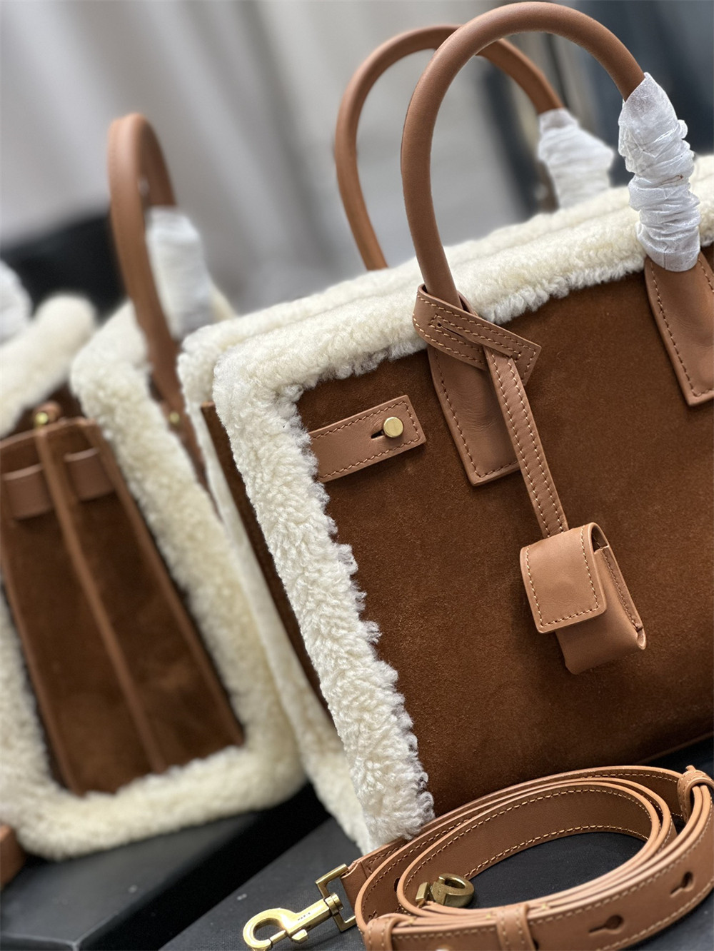 y*l sac de jour S*pple nano in suede and shearling dark cigar and natural beige