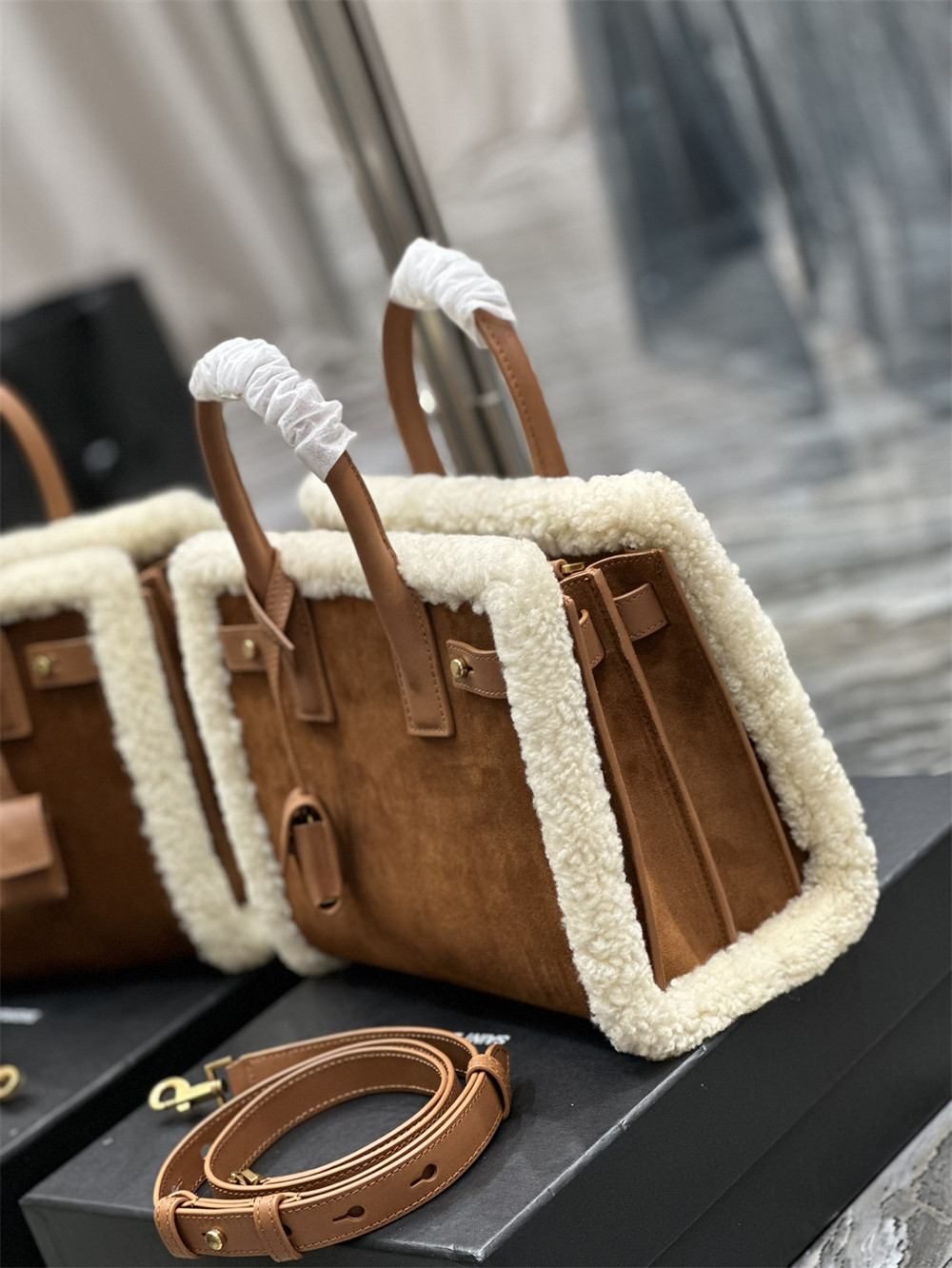 y*l sac de jour S*pple nano in suede and shearling dark cigar and natural beige