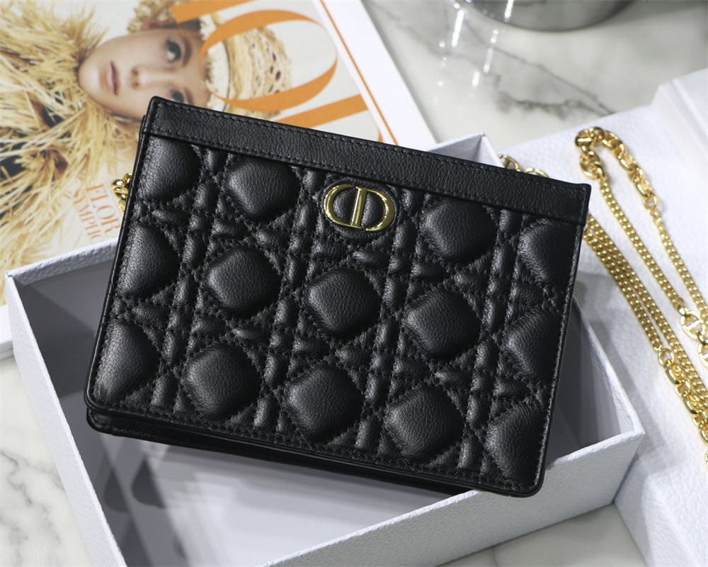 d*or caro zipped pouch with chain black S*pple cannage calfskin 19 x 14 x 4.5 cm