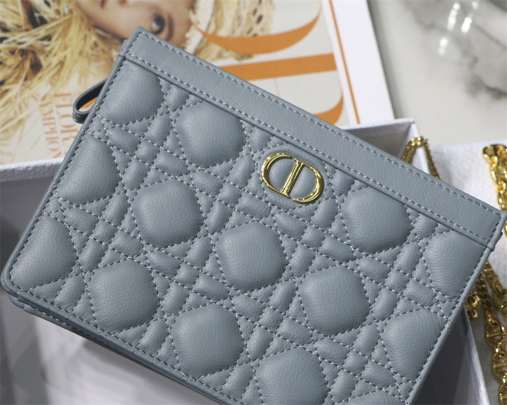 d*or caro zipped pouch with chain blue S*pple cannage calfskin 19 x 14 x 4.5 cm
