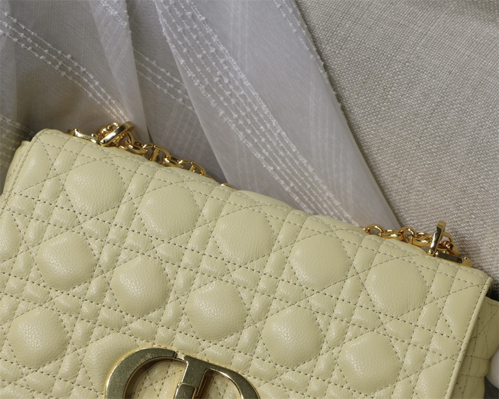 medium d*or caro bag light yellow S*pple cannage calfskin 25.5 x 15.5 x 8 cm