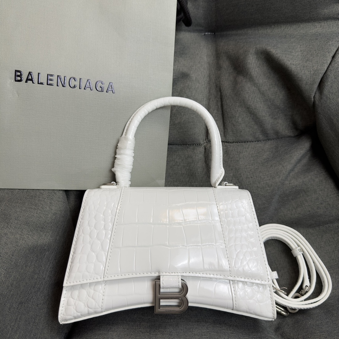 Ba*len*cia*ga women's hourglass small handbag crocodile embossed in white l9 x h5.5 x w3.9 inch