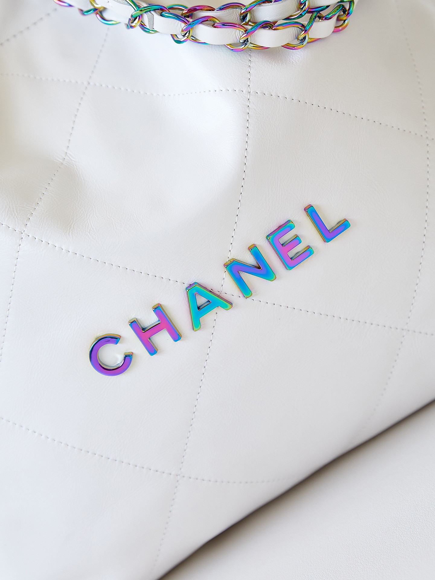 Ch*el 22 small handbag shiny calfskin & rainbow metal white 13.7×14.4×2.7 in