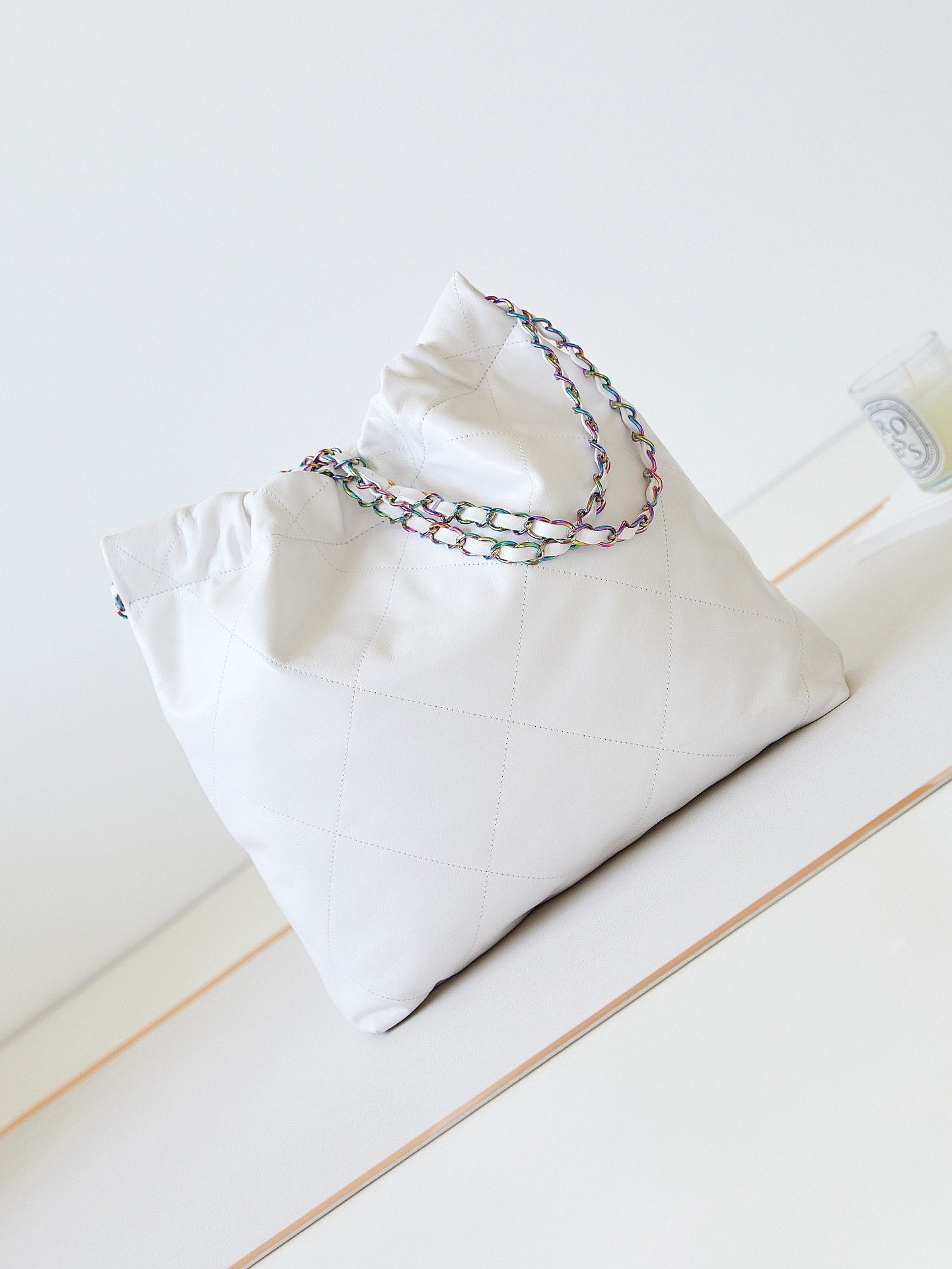 Ch*el 22 small handbag shiny calfskin & rainbow metal white 13.7×14.4×2.7 in