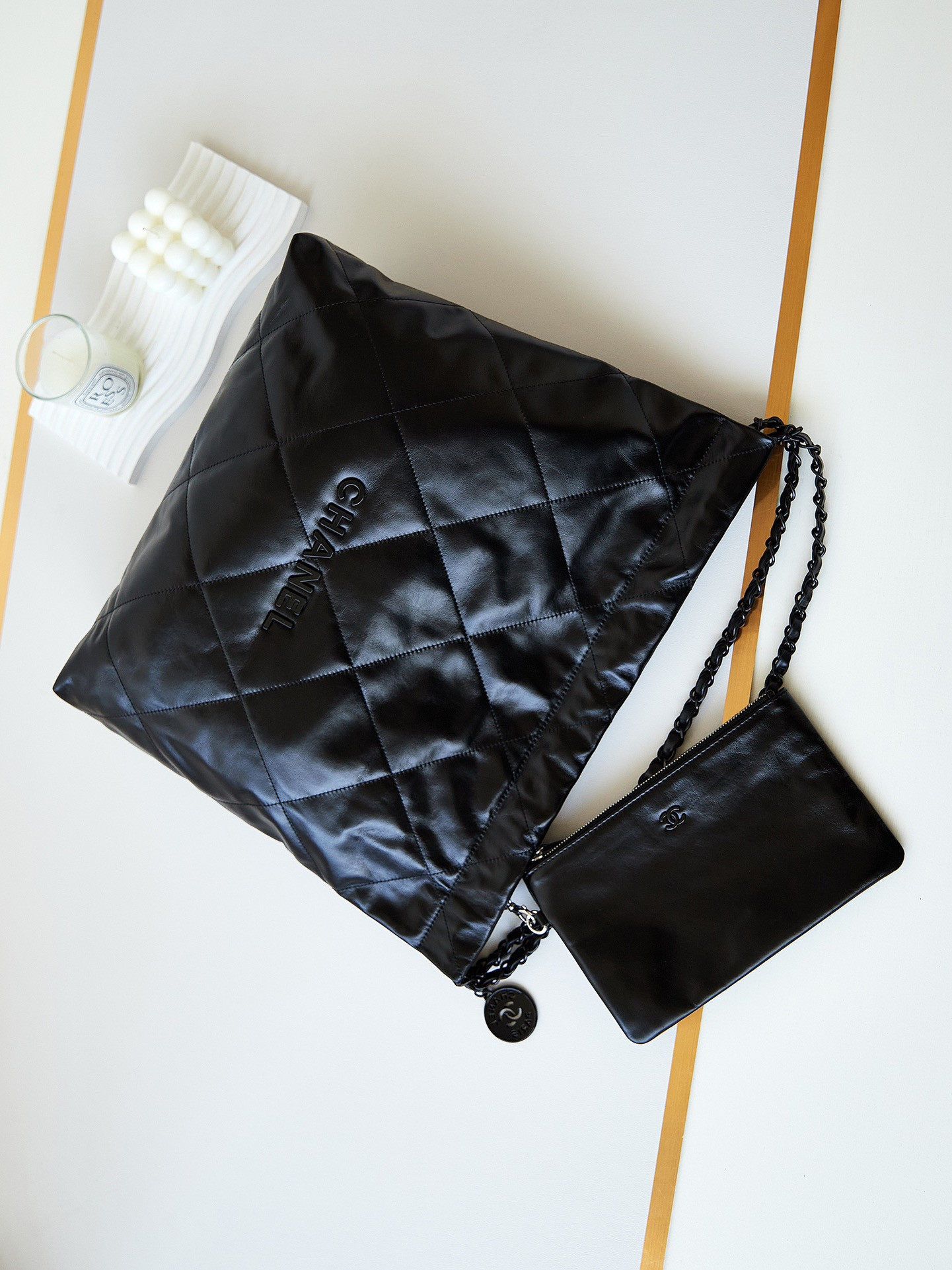 Ch*el 22 handbag shiny calfskin all black 15.2×16.4×3.1 in