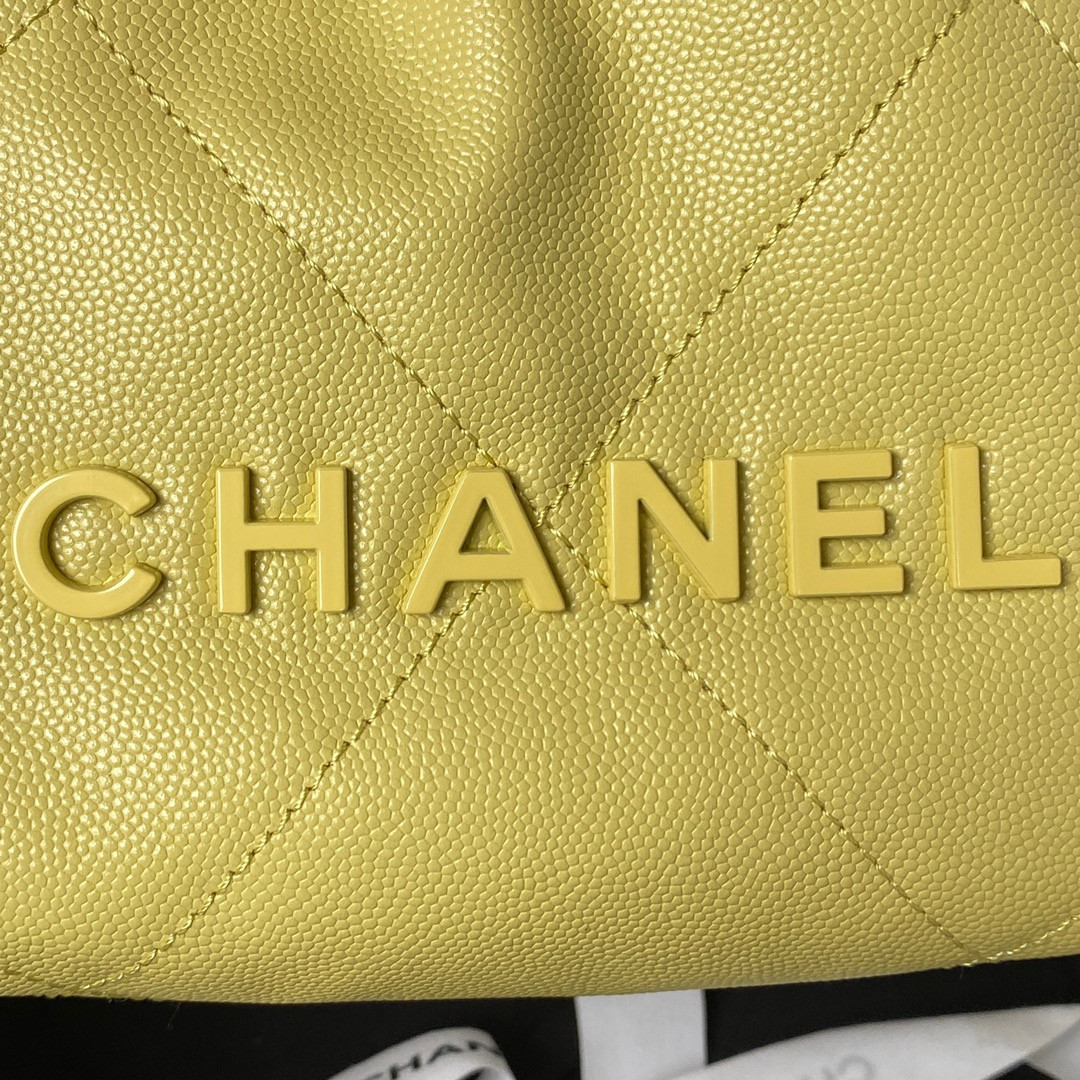 Ch*el 22 mini handbag grained leather yellow 7.8 × 7.4 × 2.3 in