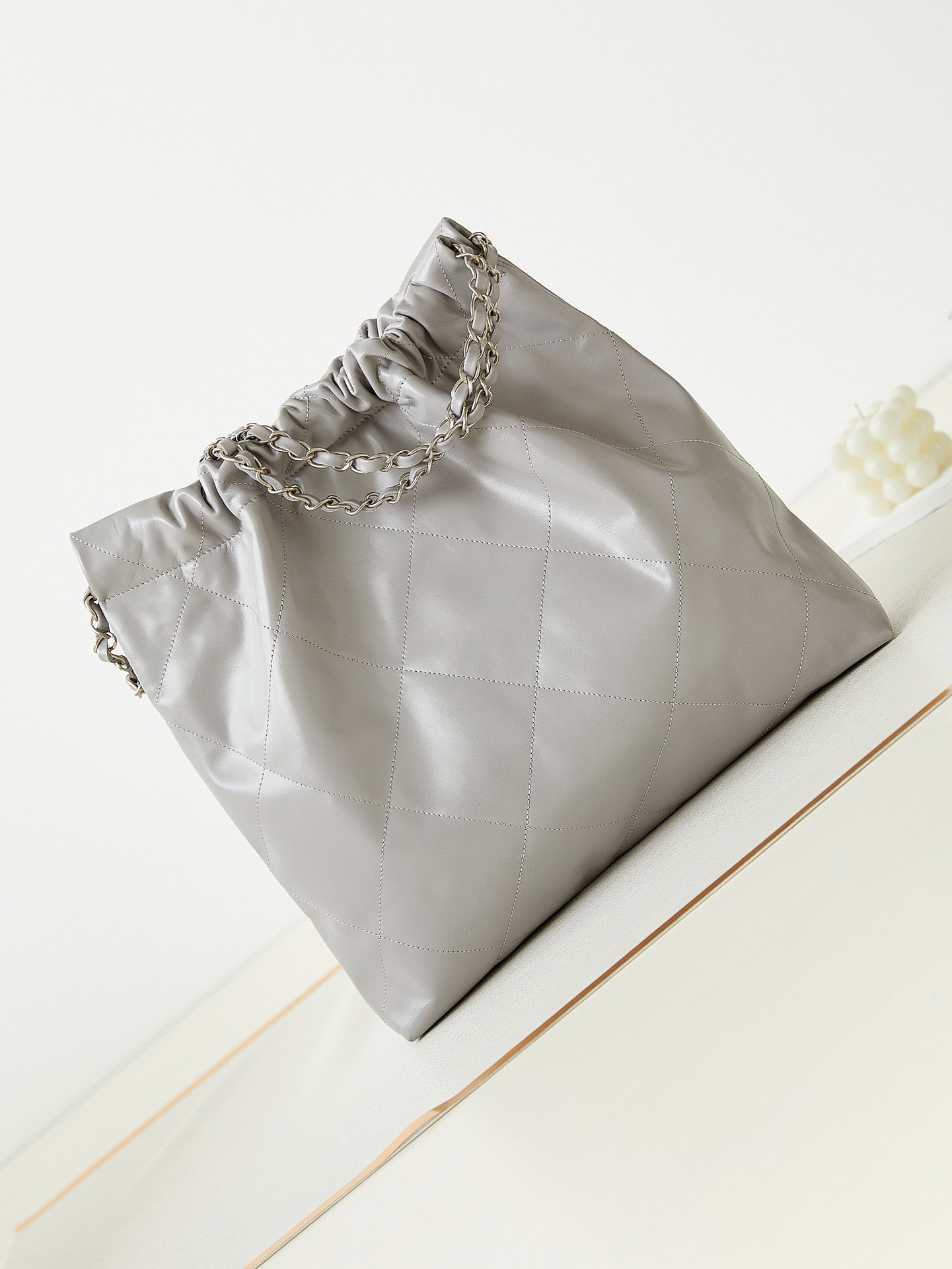 Ch*el 22 small handbag shiny calfskin grey 15.2×16.4×3.1 in