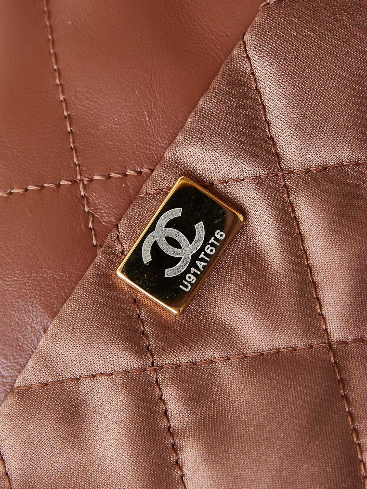 Ch*el 22 small handbag shiny calfskin brown 13.7×14.4×2.7 in