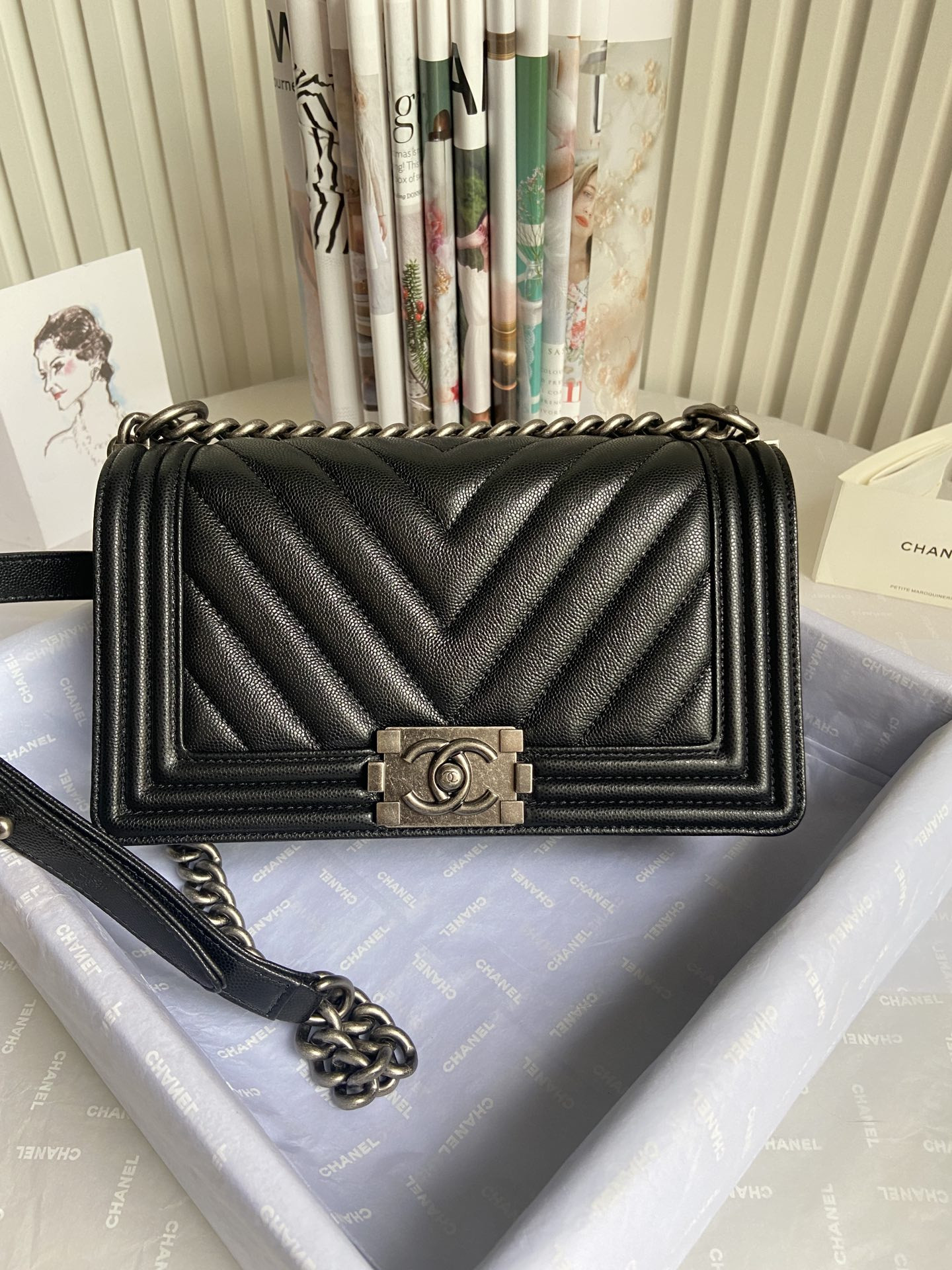 boy Ch*el handbag shiny grained calfskin 5.9 × 9.8 × 3.5 in