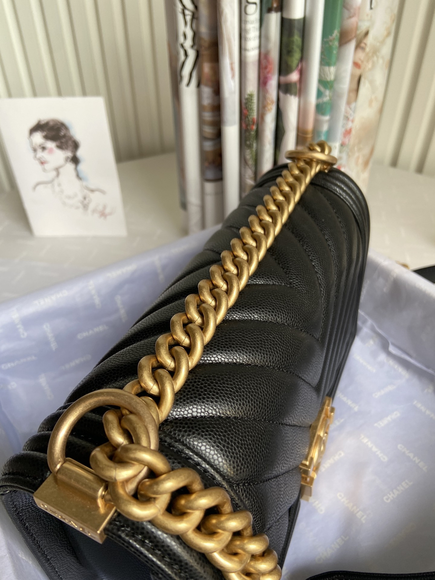 boy Ch*el handbag shiny grained calfskin black 5.9 × 9.8 × 3.5 in