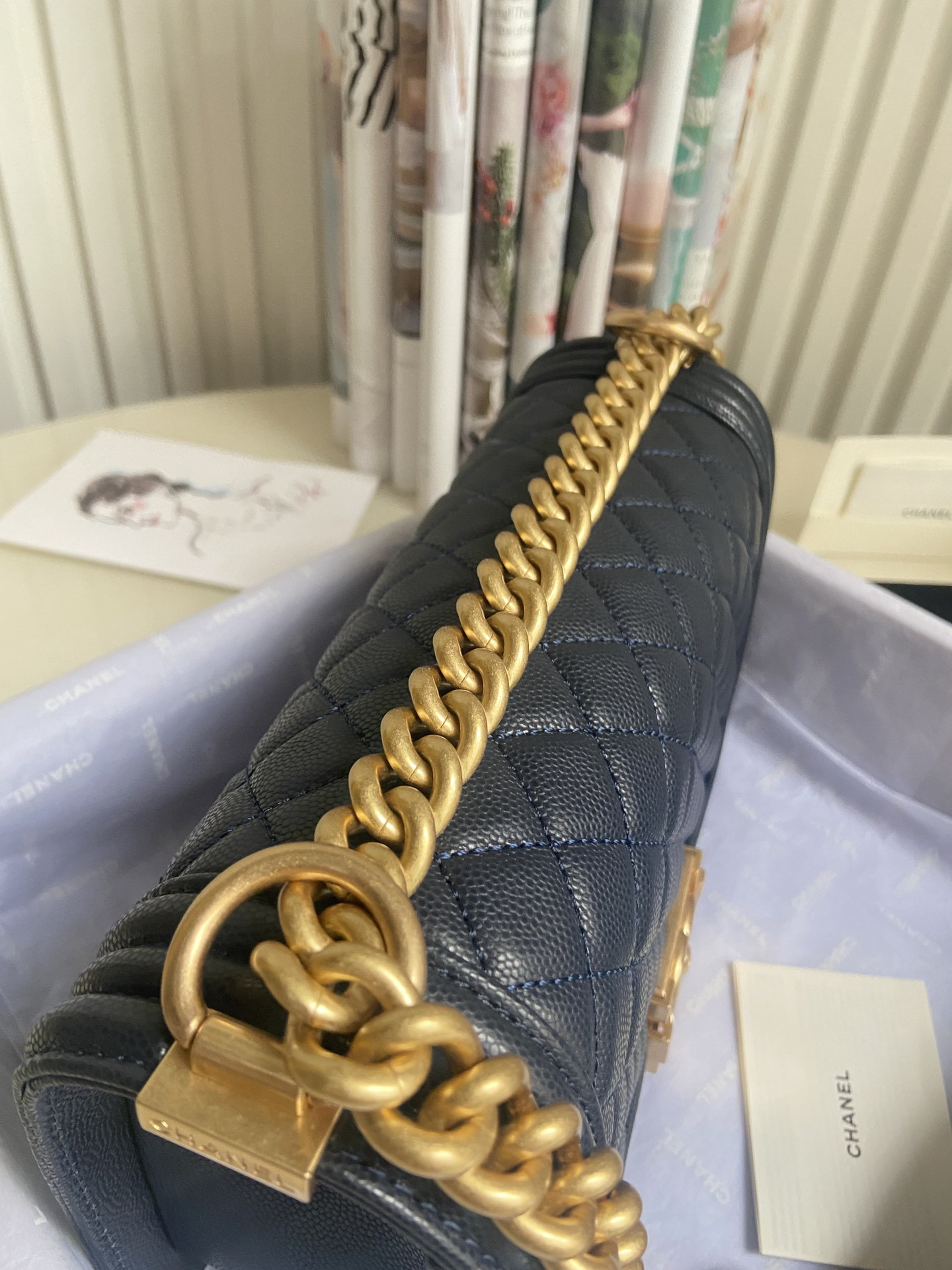 boy Ch*el handbag shiny grained calfskin & gold-tone metal navy 5.9 × 9.8 × 3.5 in