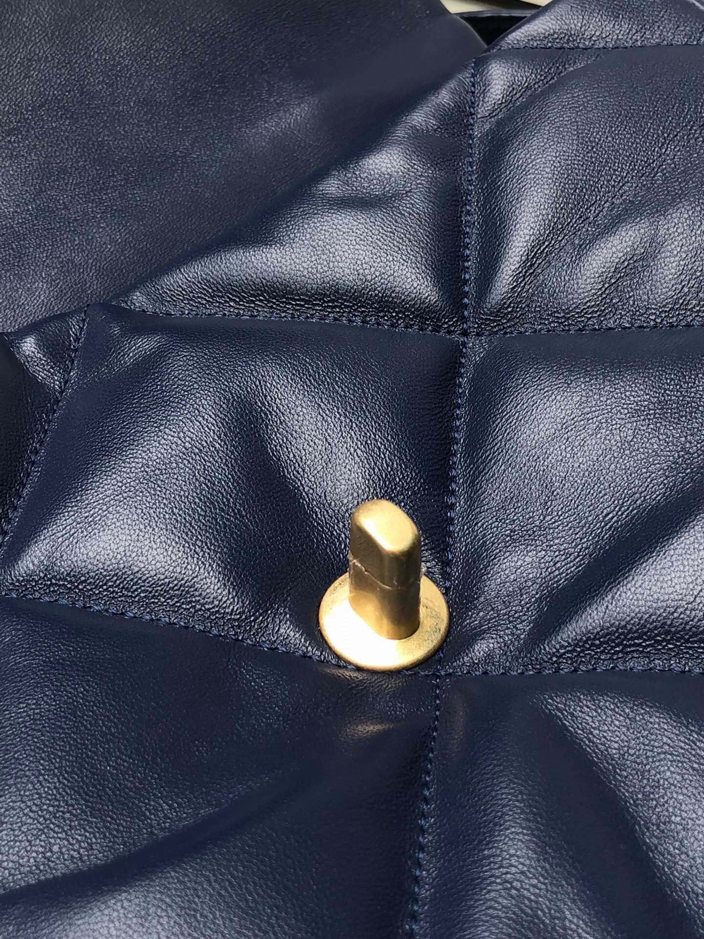 Ch*el 19 large handbag shiny leather, gold-tone, silver-tone & ruthenium-finish metal navy 7.8 × 11.7 × 3.9 in