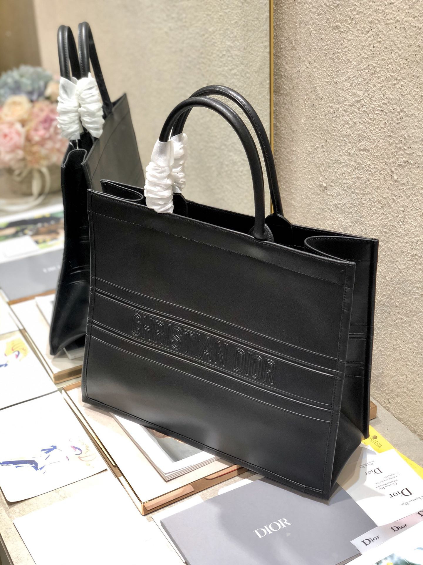 large D*or book tote black D*or oblique embossed calfskin 16.5 x 14 x 7.5 inches