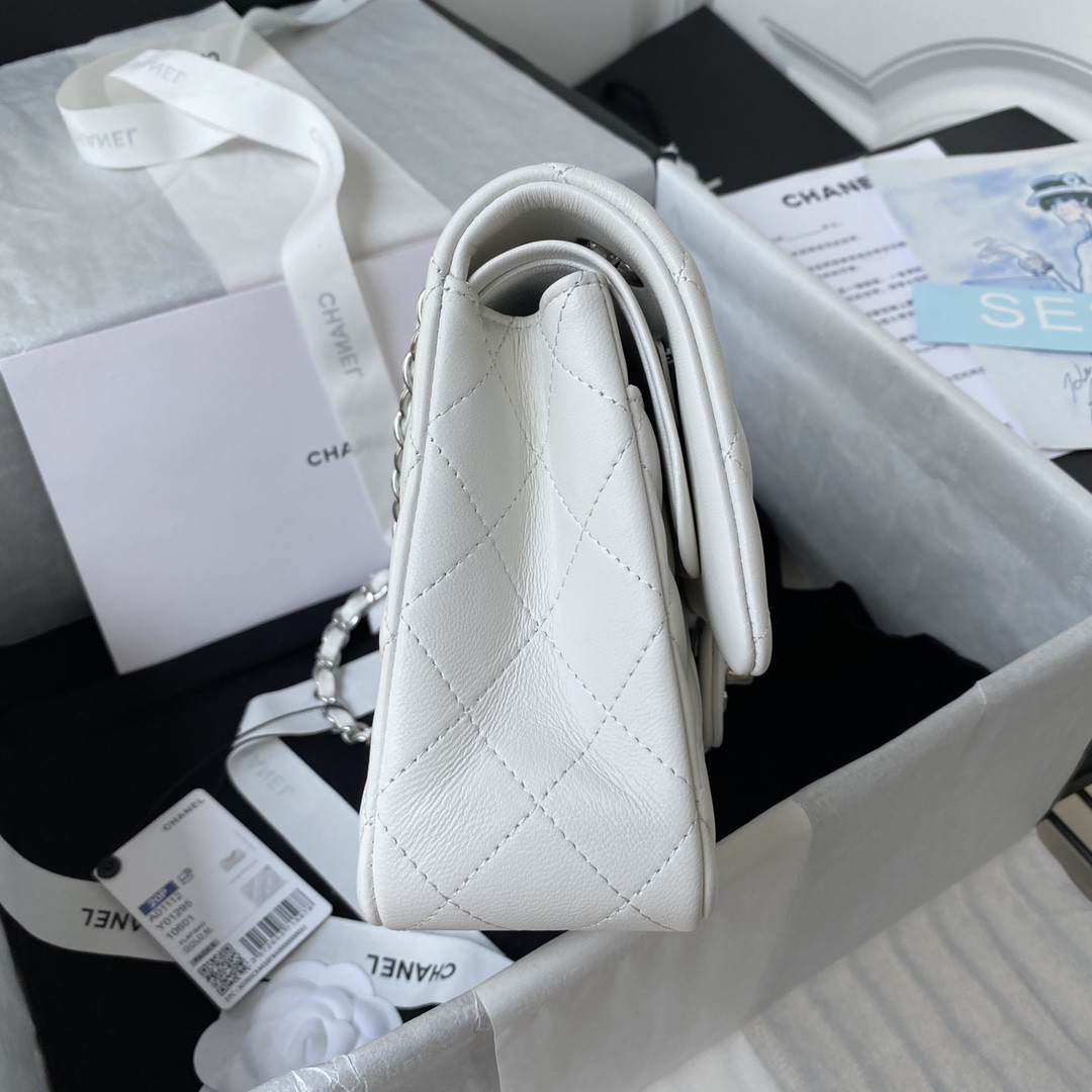 Ch*el classic handbag grained shiny calfskin & silver-tone metal white 6 × 9.9 × 2.5 in