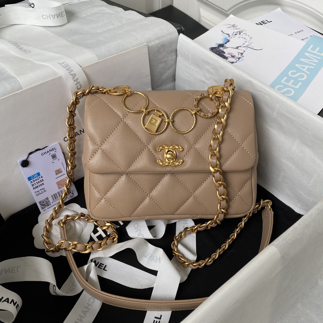Ch*el mini flap bag khaki 5.3 × 6.6 × 3.1 in