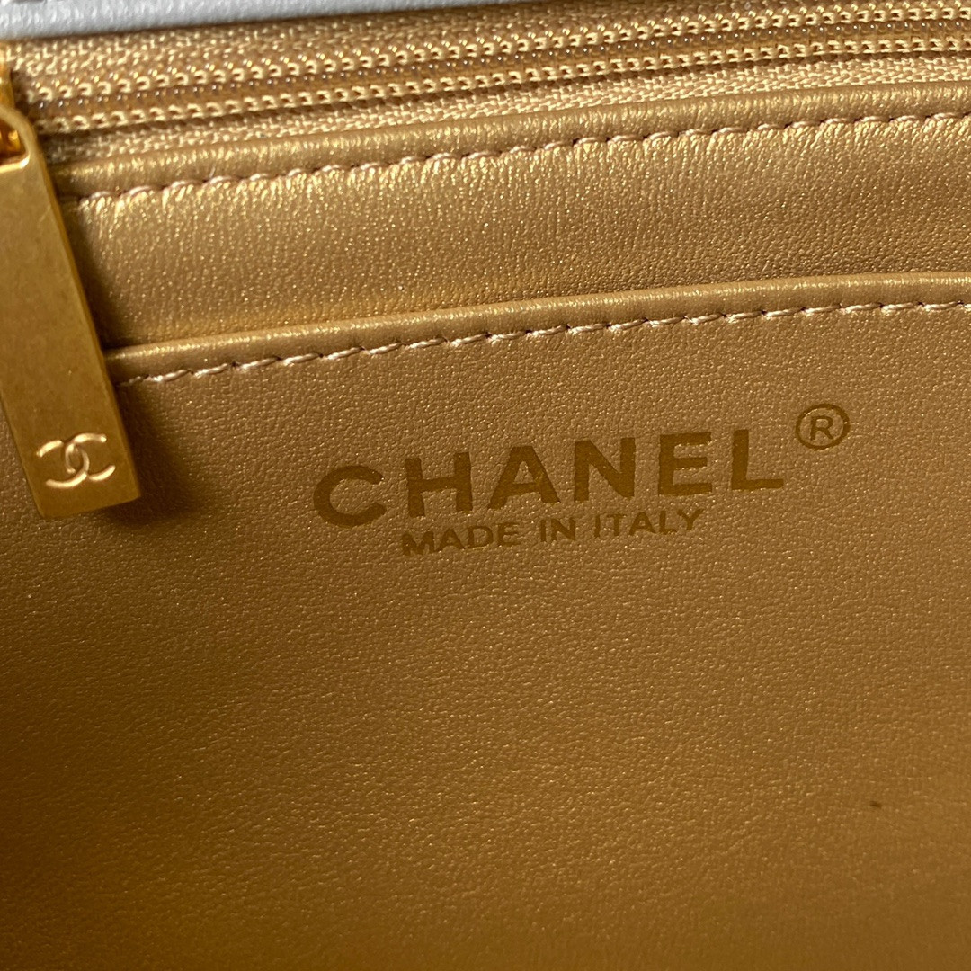 Ch*el mini flap bag shiny calfskin & gold-tone metal light blue 5.3 × 6.6 × 3.1 in