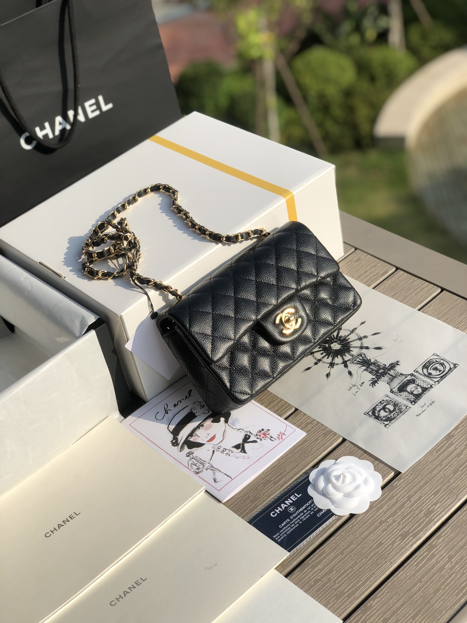 Ch*el mini flap bag black with gold-tone mental 4.7 × 7.8 × 2.3 in