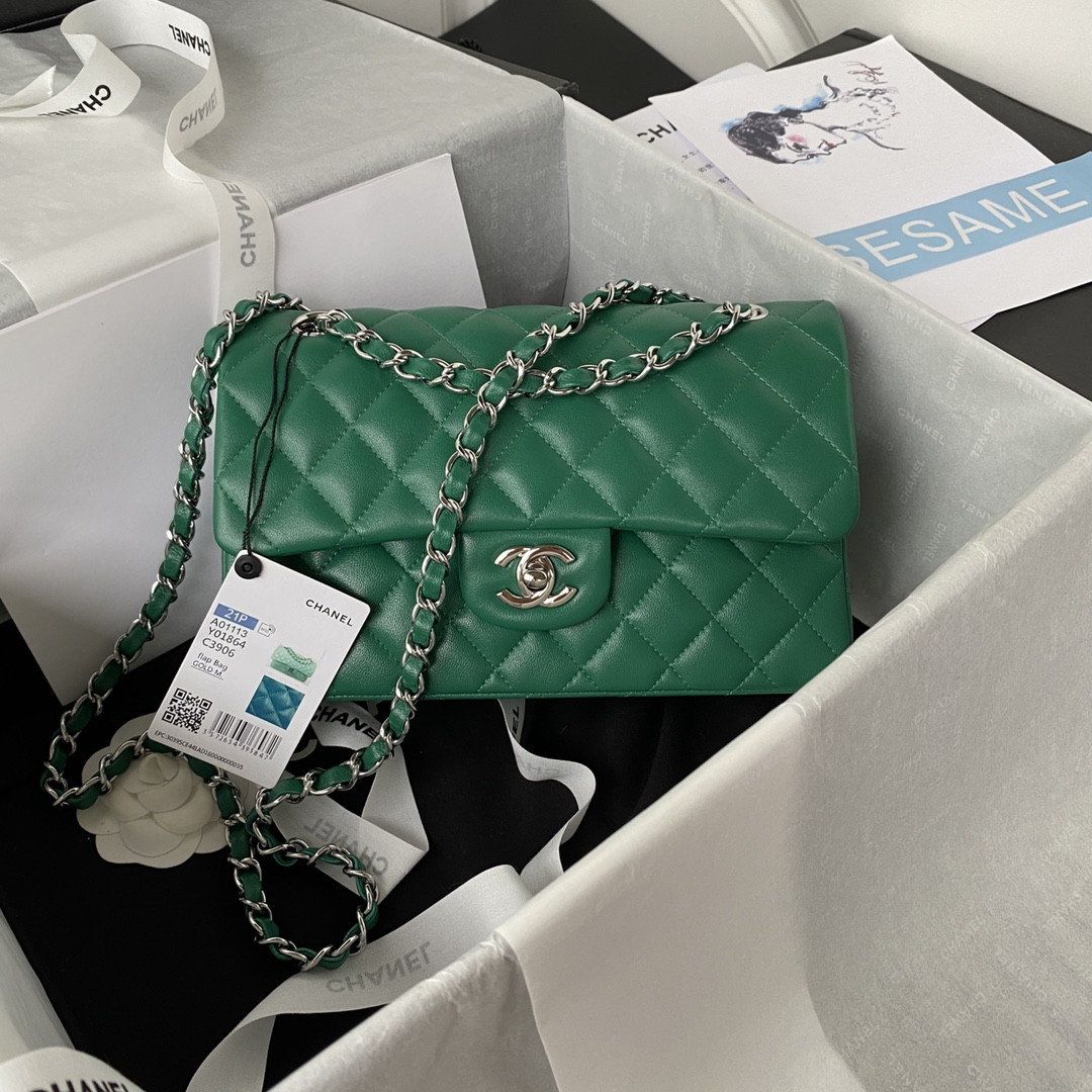 Ch*el small classic handbag grained shiny calfskin & silver-tone metal green 5.7 × 9 × 2.3 in