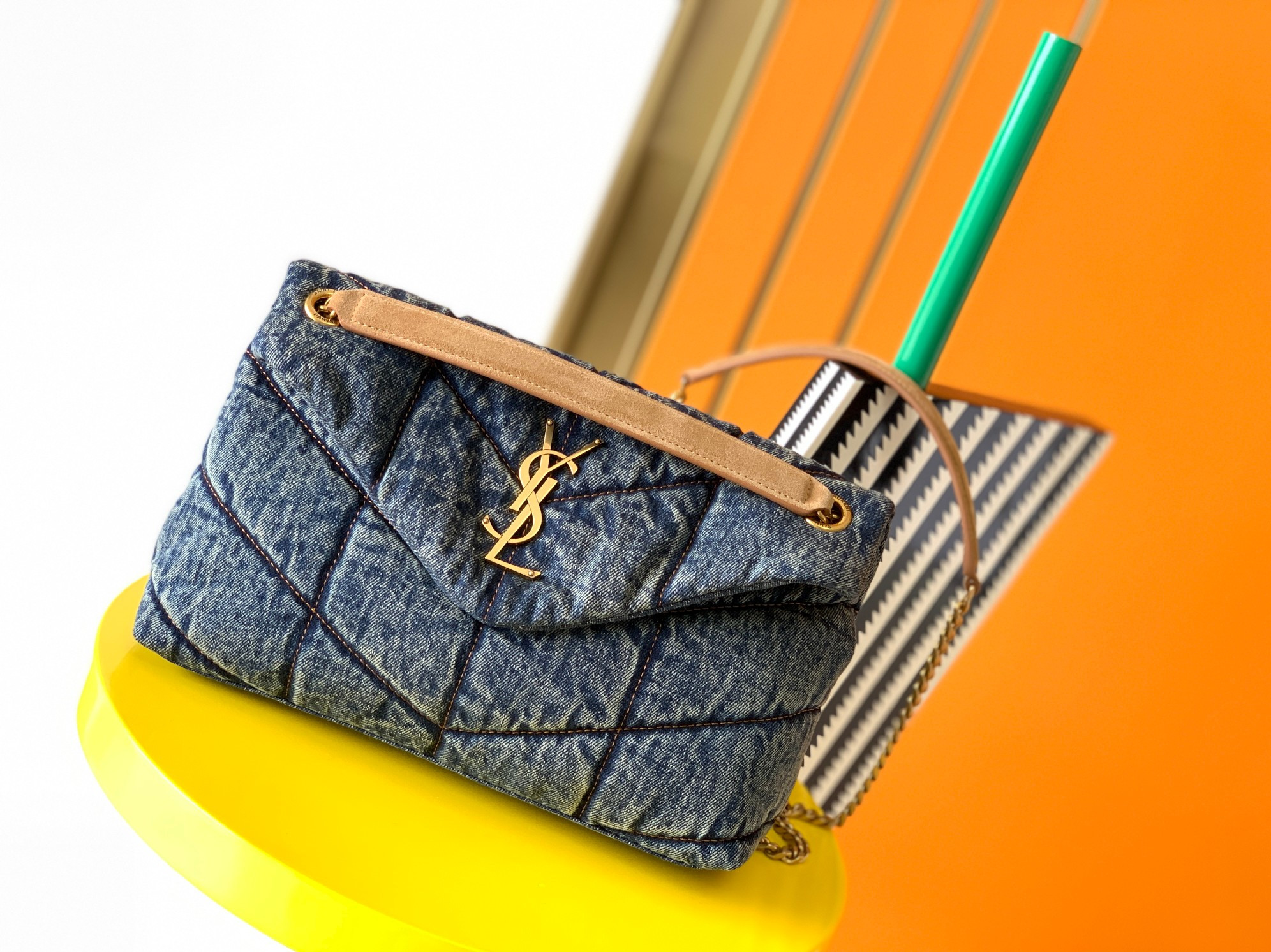 Y*L puffer small in suede and denim rodeo blue 11.4 x 6.6 x 4.3 inches