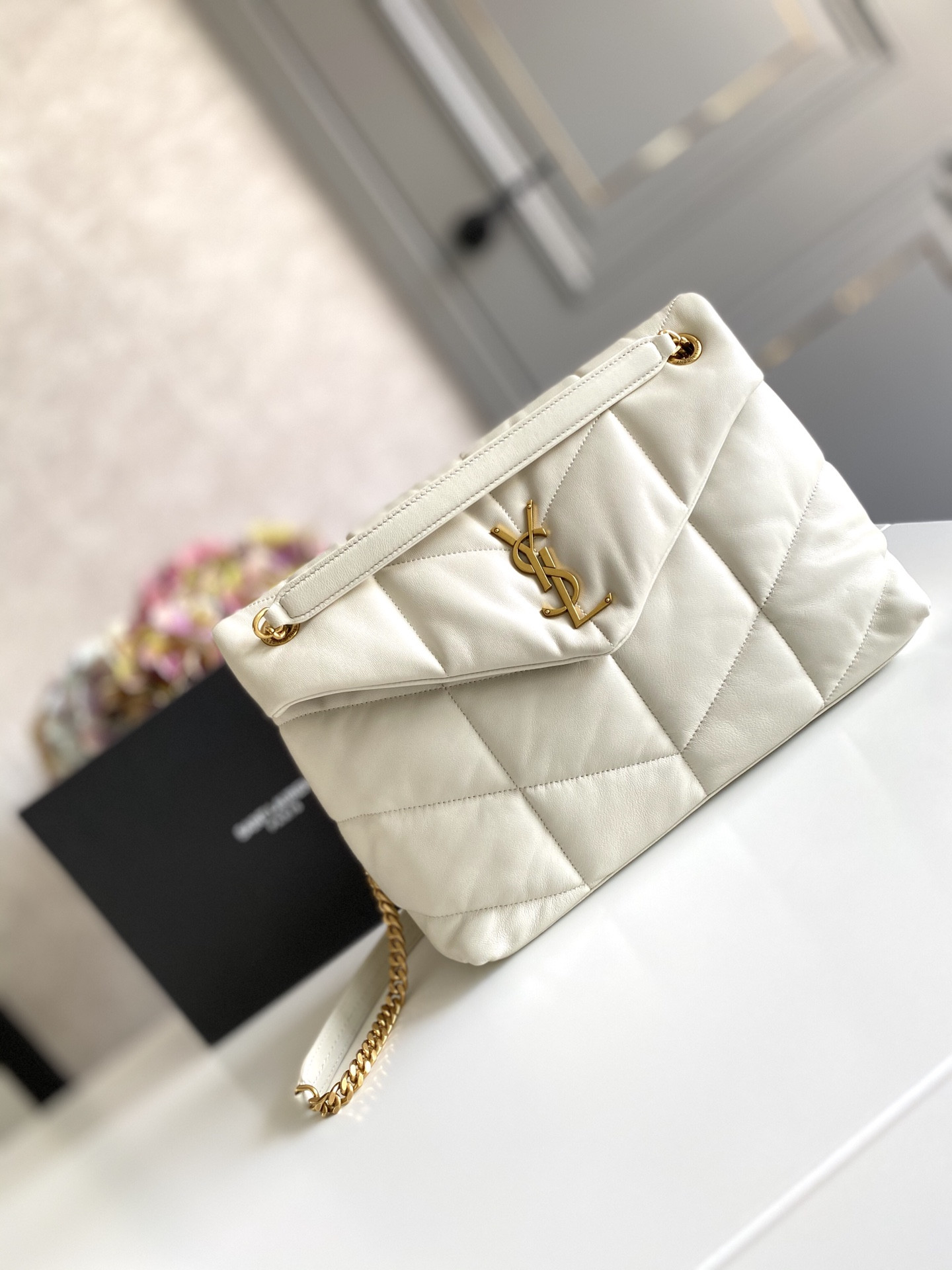 Y*L puffer medium in nappa leather white 13.7 x 9 x 5.3 inches