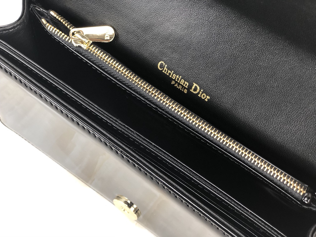 lady D*or pouch  black patent cannage calfskin 8.5 x 4.5 x 1 inches