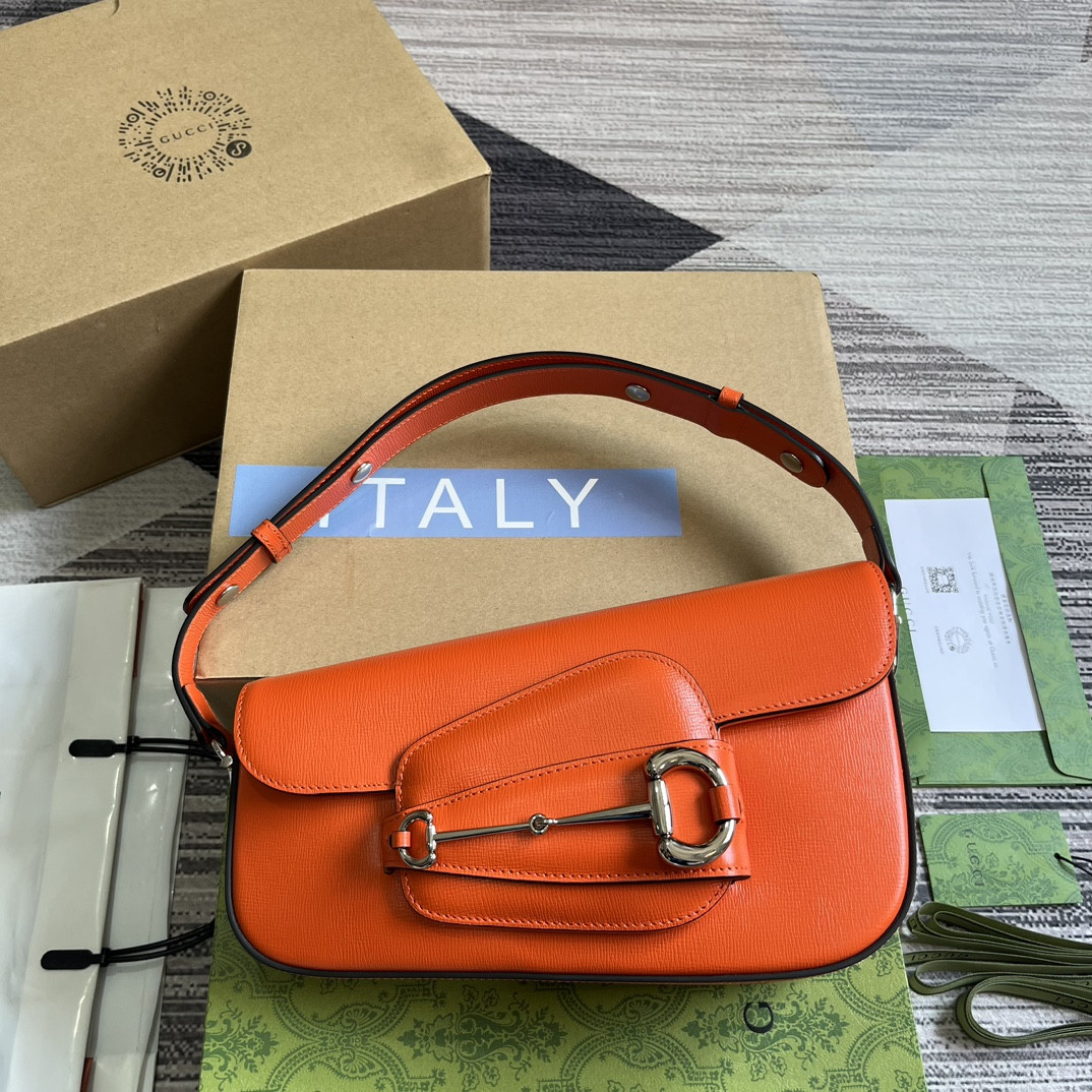 G*u*i horsebit 1955 small shoulder bag orange 10.4"w x 6.7-4.1"h x 3.1-1.6"d