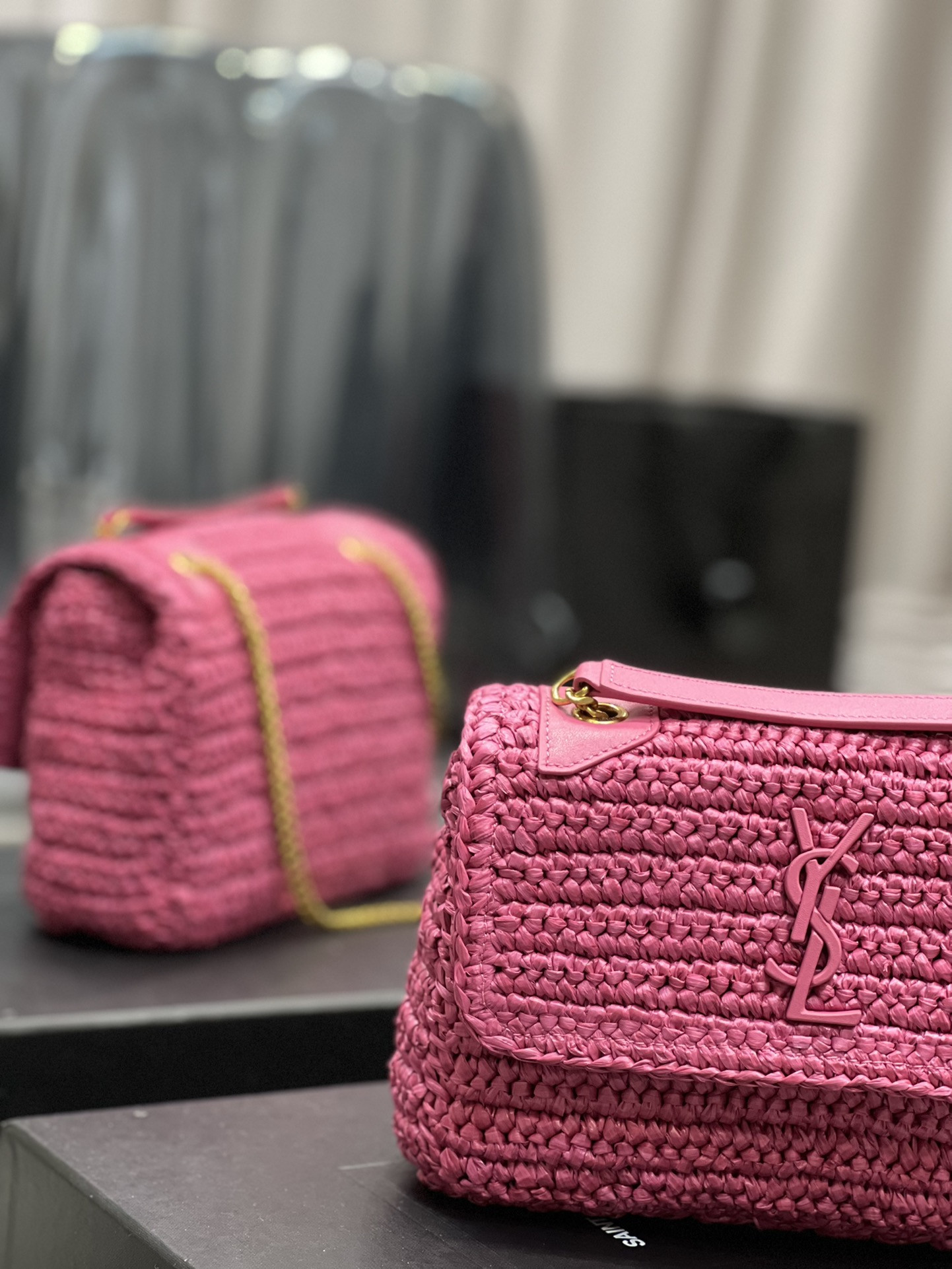 Y*L niki chain bag in raffia and leather 22×16.5×12 cm