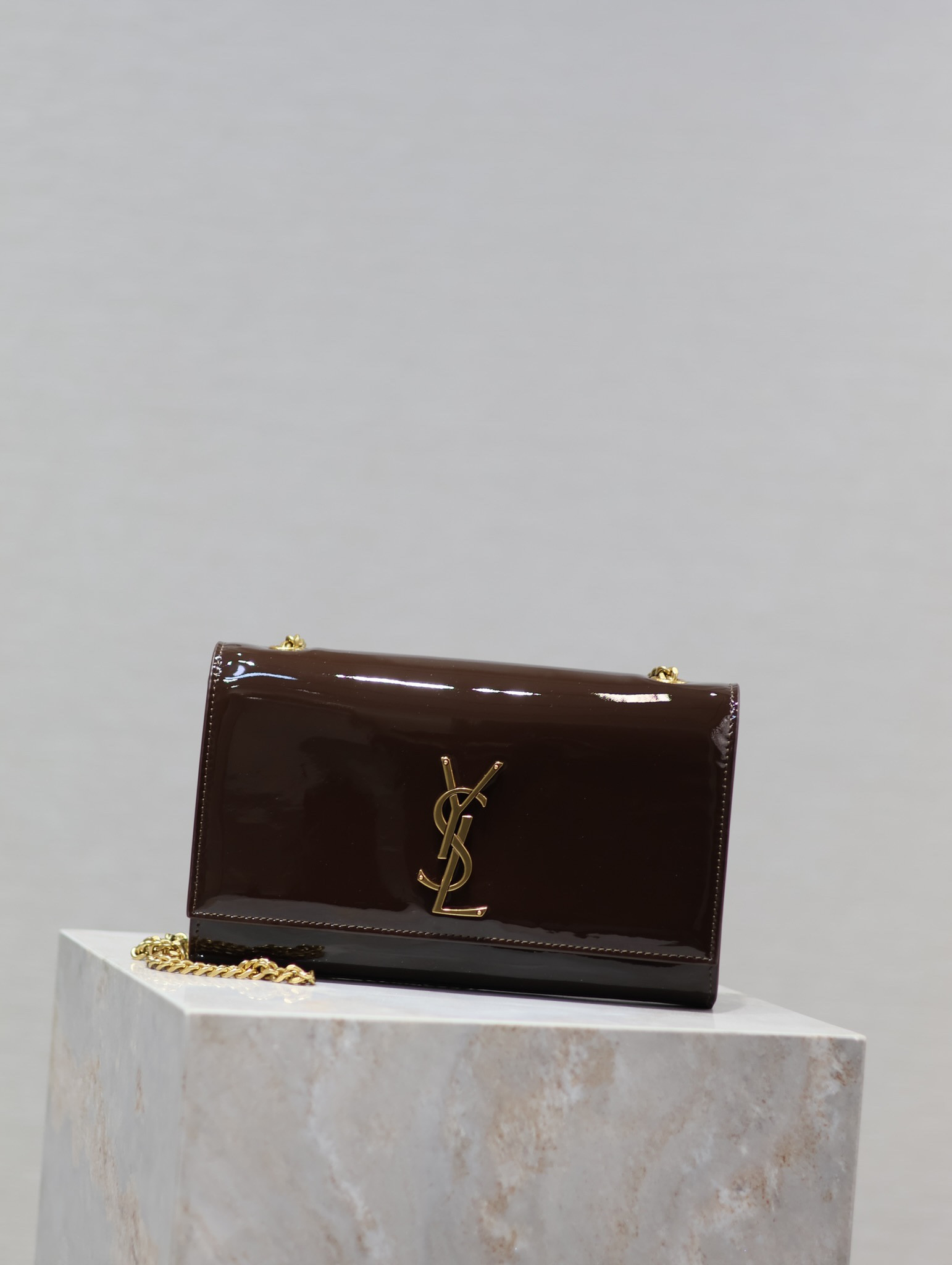 Y*L kate medium in shiny leather brown 9.4 x 5.7 x 2.1 inches