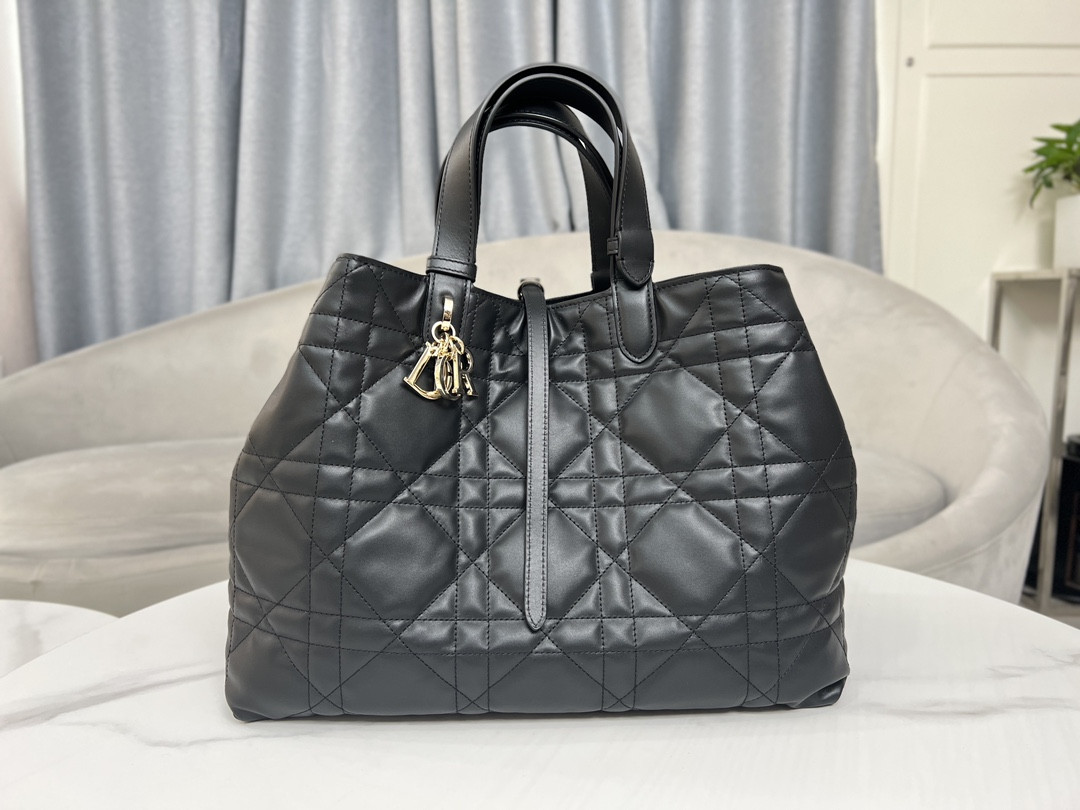 large D*or toujours bag black macrocannage calfskin 14.5 x 10.5 x 8.5 inches