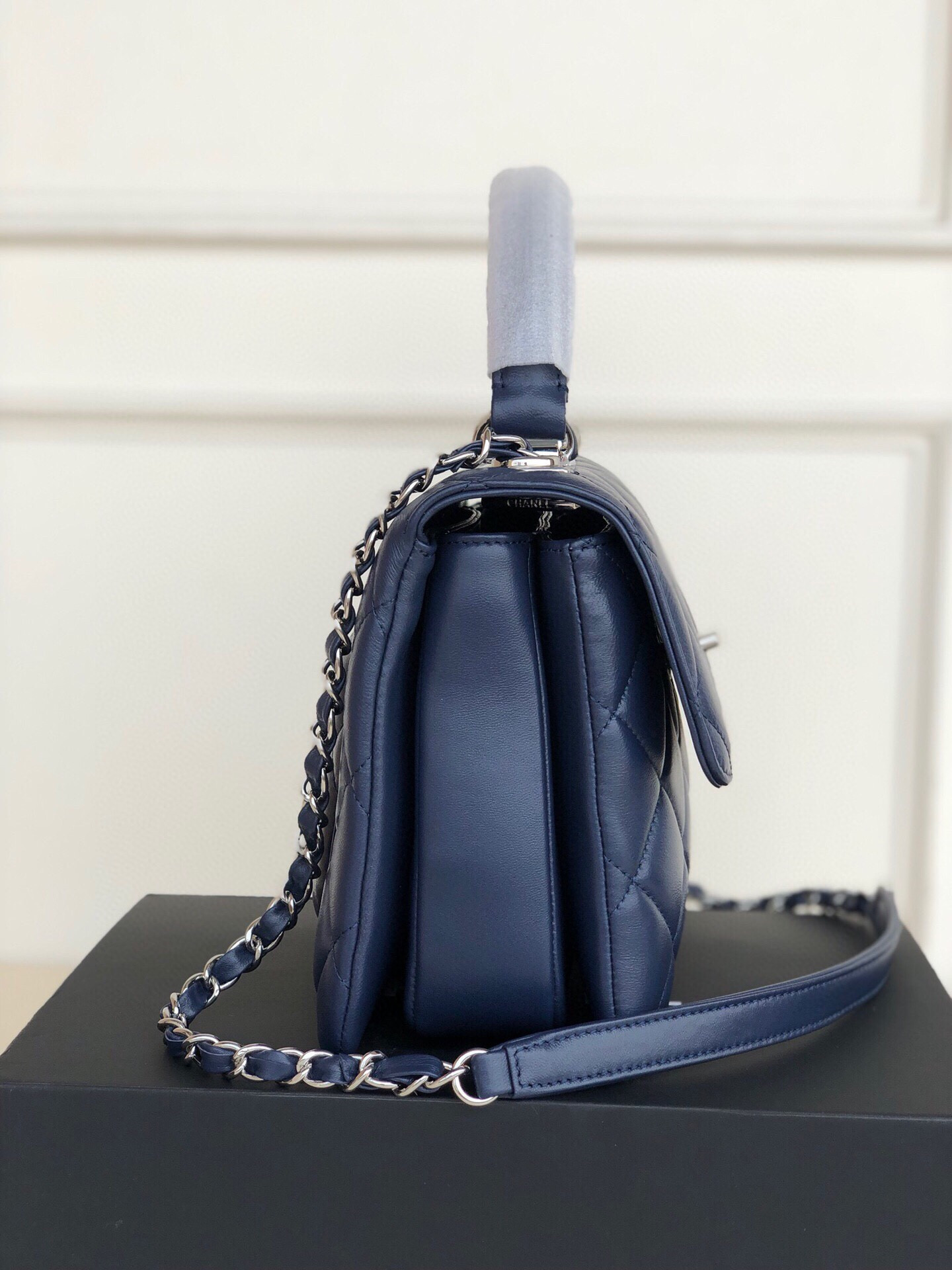 Ch*el flap bag with top handle 6.6 × 9.8 × 4.7 in