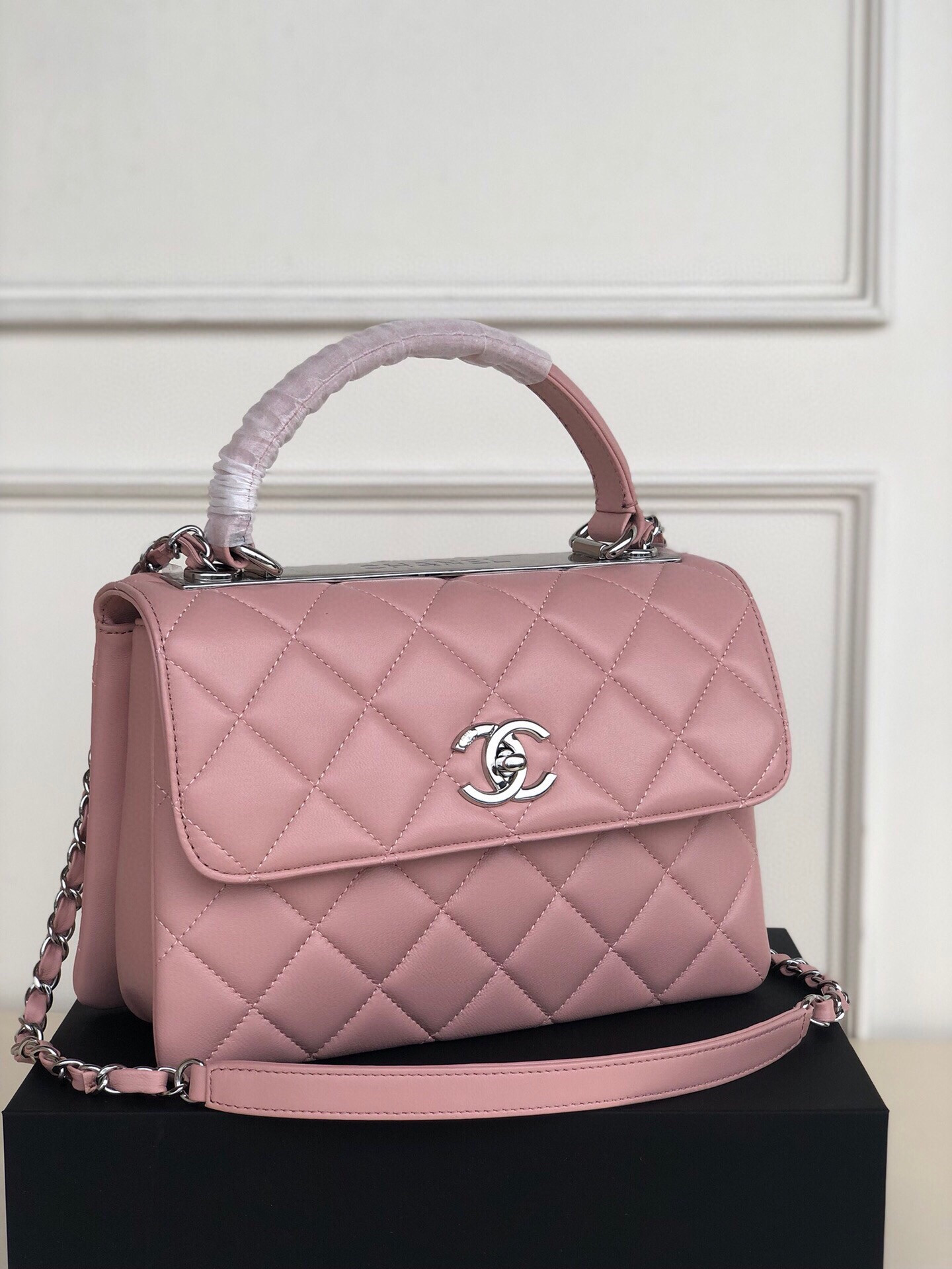 Ch*el flap bag with top handle 6.6 × 9.8 × 4.7 in