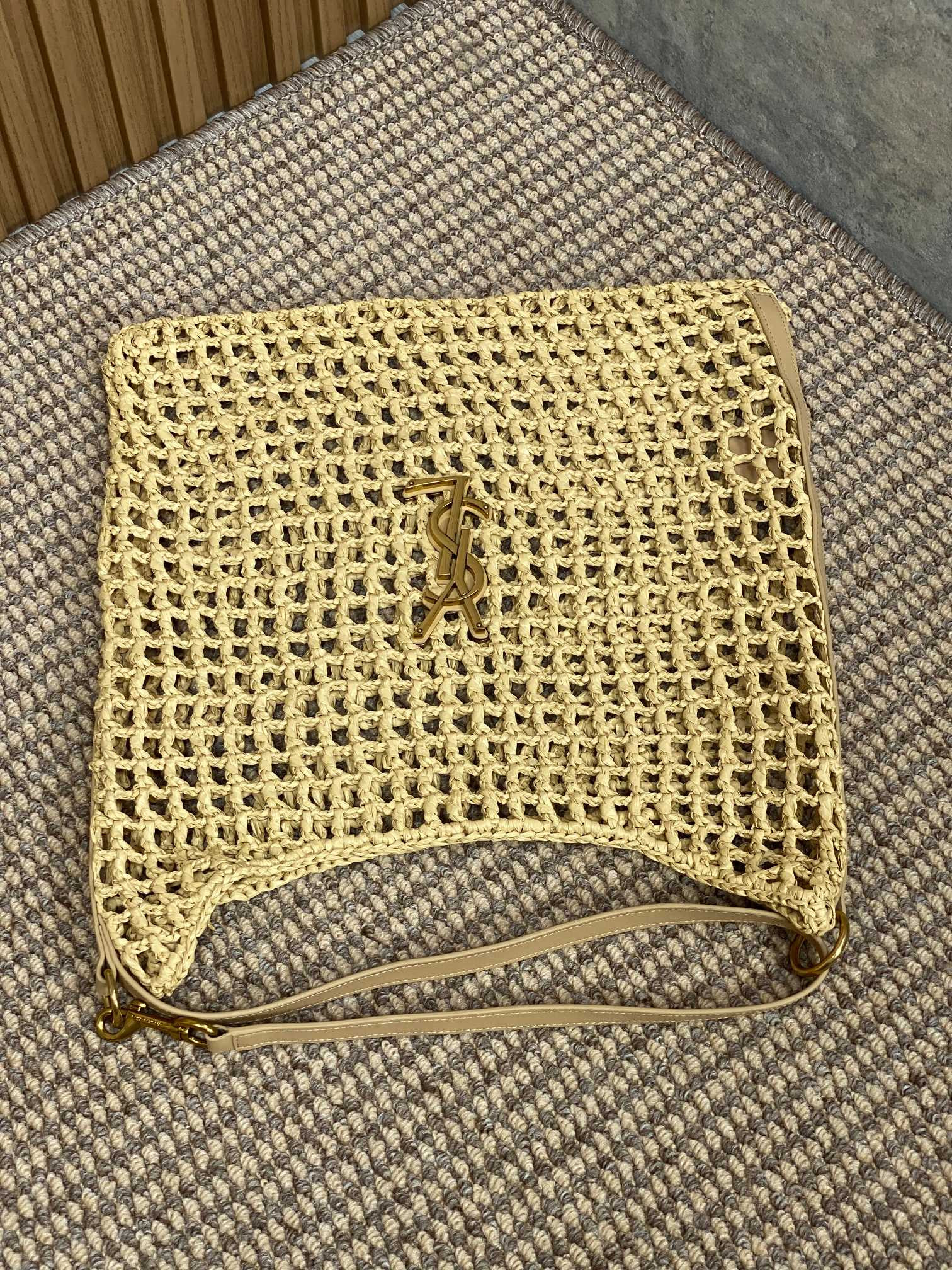 Y*L oxalis bag in raffia macramÉ  color natural 14.6x15.7x1.2inches