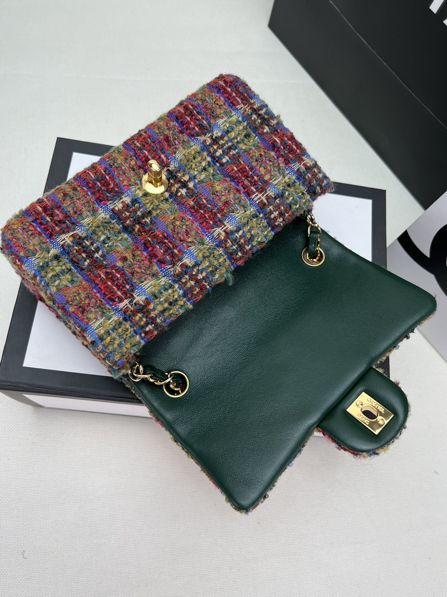 Ch*el mini classic 11.12 handbag tweed & gold-tone metal 4.7 × 7.8 × 2.3 in