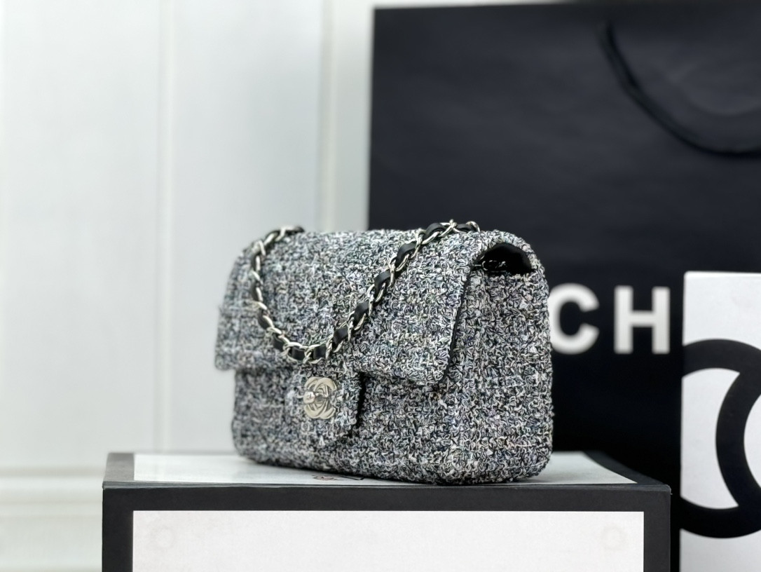 Ch*el mini classic 11.12 handbag tweed & silver-tone metal 4.7 × 7.8 × 2.3 in