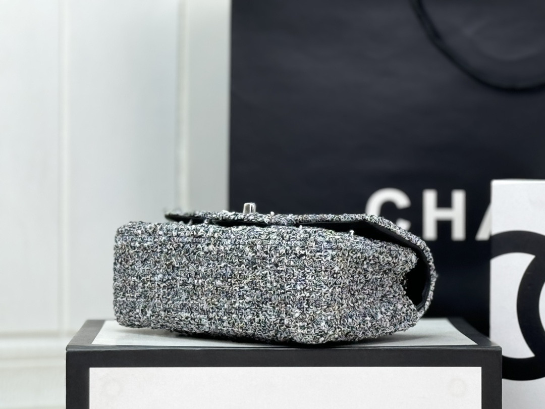 Ch*el mini classic 11.12 handbag tweed & silver-tone metal 4.7 × 7.8 × 2.3 in