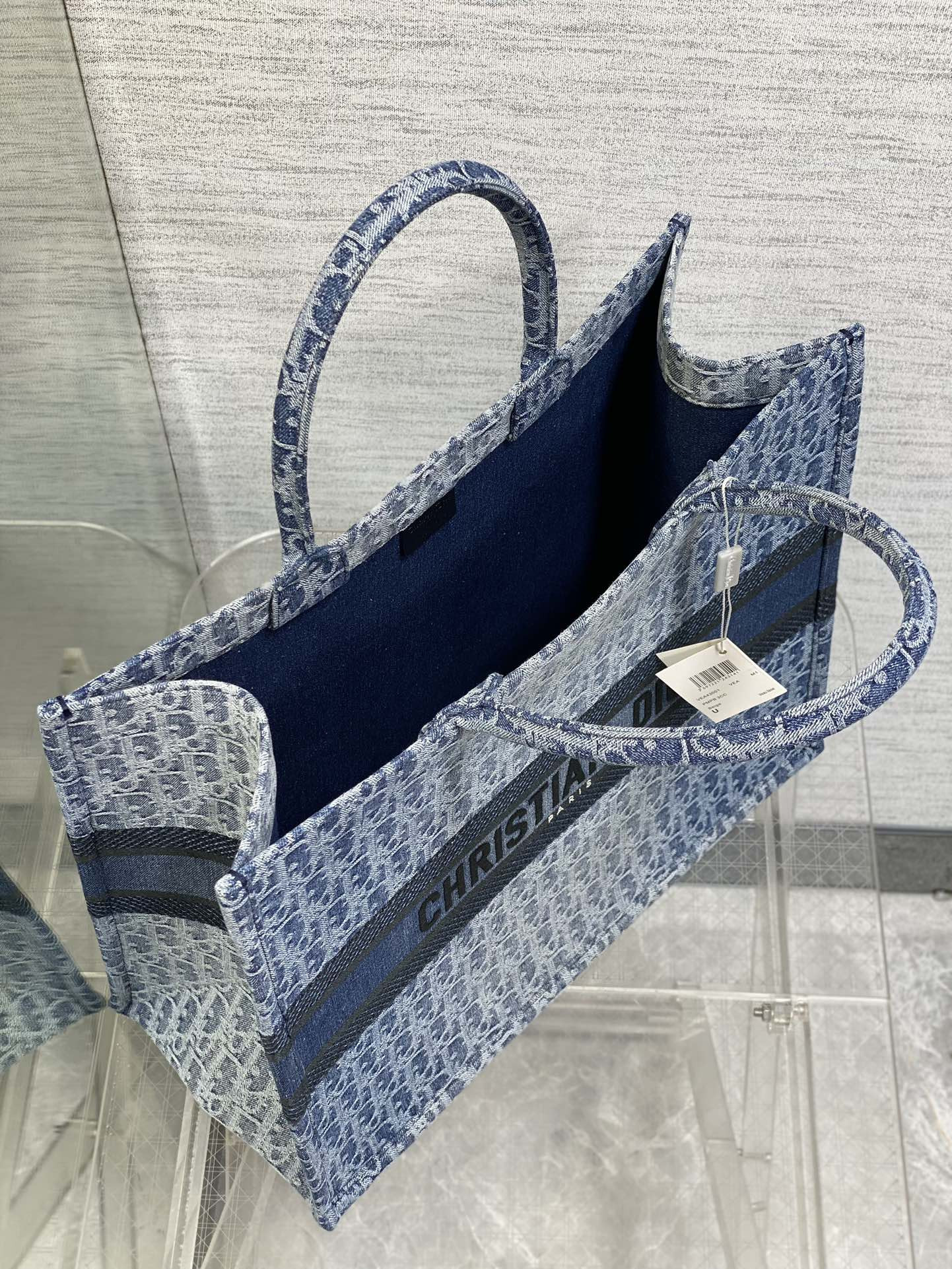 large D*or book tote blue denim D*or oblique jacquard  42 x 35 x 18.5 cm