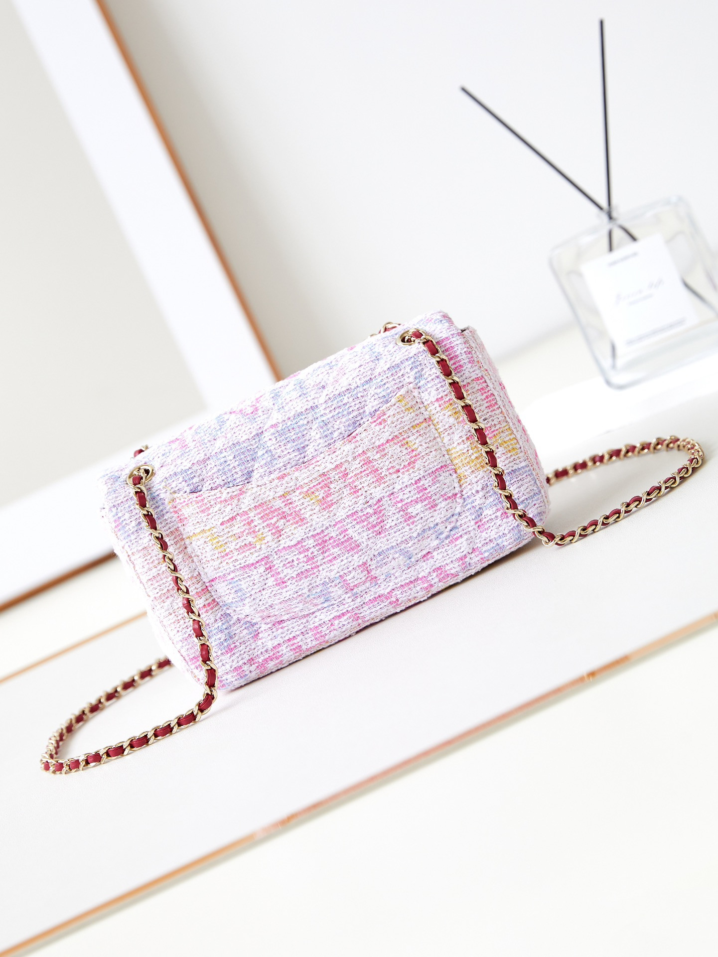 Ch*el quilted pink multicolor tweed mini rectangular flap bag 20×10×7cm